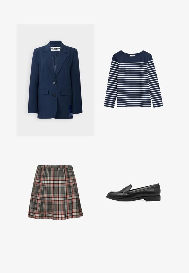 Blazer navy hecho de tela suave, con cierre de dos botones, solapas con muesca, dos bolsillos frontales y un sutil patrón en el forro interior.; Camisa de manga larga de color marino con rayas horizontales blancas. Cuello redondo, tela suave, corte relajado y sin hardware ni adornos visibles.; Falda de cuadros en gris y rosa, con un diseño plisado y detalles en negro y blanco. Hecha de tela tejida, con longitud hasta la mitad del muslo.; Mocasines de piel negra con una textura suave, que presentan un detalle trenzado en la parte superior y un tacón bajo y redondeado. Diseño y forma simples.