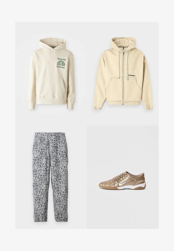 Beiger Kapuzenpullover mit Reißverschluss, vorderen Taschen, schwarz-weißen Kordeln und dem aufgestickten Schriftzug "No Problemo" auf der linken Brust.; Beige Baumwoll-Hoodie mit einer Kängurutasche. Grüner Text-Logo "Ellesse 1959" und geschwungenes Grafikdesign im linken Brustbereich. Weiche Textur, reguläre Passform.; Weiße Hosen mit elastischem Bund, schwarzem unregelmäßigem Sprenkelmuster und elastischen Bündchen, die vor einem einfarbigen Hintergrund hängen.; Nike Total 90 III Fußballschuhe in metallischem Gold mit weißem Swoosh, mit glatter Textur, Schnürverschluss und Gummisohle.