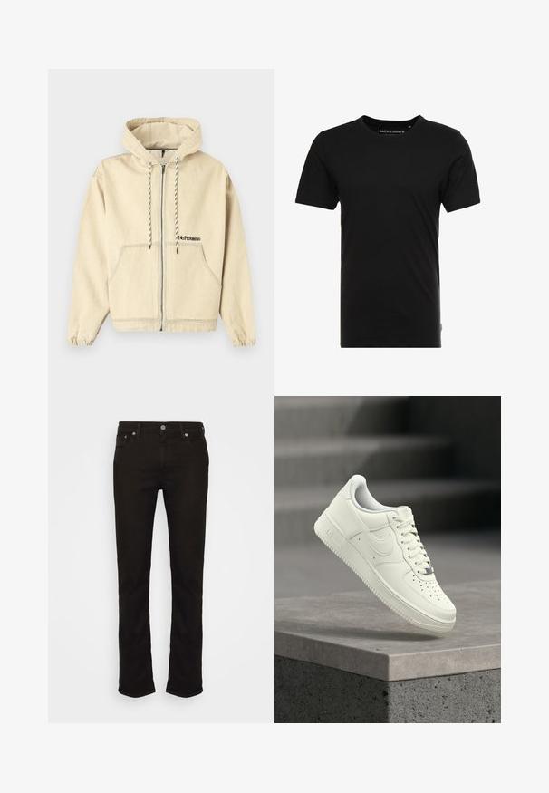 Beige hættetrøje med lynlås, frontlommer, sort-hvide snore og broderet tekst "No Problemo" på venstre bryst.; Sort t-shirt med korte ærmer lavet af bomuld, med rund hals og en diskret logoetiket på siden. Simpelt og alsidigt design.; Sorte denim jeans med lige ben, der har et klassisk fem-lomme design, metal knaplukning og diskrete syninger.; Hvid lædersneaker med lavprofildesign, tekstureret overflade, perforeringer på tåen og sølvfarvede detaljer på snørebånd og mærkning.