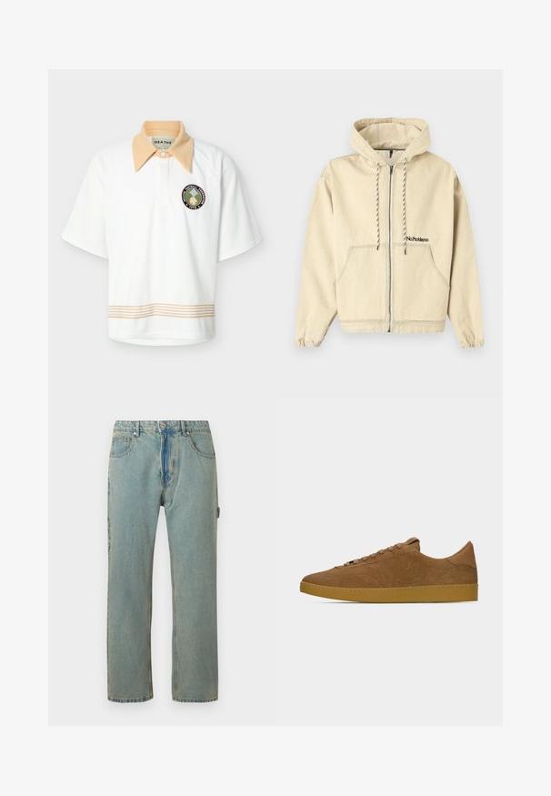 Sweat à capuche beige zippé avec poches avant, cordons noirs et blancs et texte brodé "No Problemo" sur la poitrine gauche.; Polo blanc à manches courtes avec col pointu beige, bordure rayée beige à l'ourlet, et écusson circulaire "HEATHE Football Federation 1978" sur la poitrine.; Jean en denim bleu clair, coupe ample, avec cinq poches, une fermeture à bouton et des coutures visibles. Le tissu présente une apparence texturée et décolorée.; Baskets basses en daim marron avec lacets assortis et semelle en caoutchouc gomme, présentées en profil gauche sur un fond gris clair uni.
