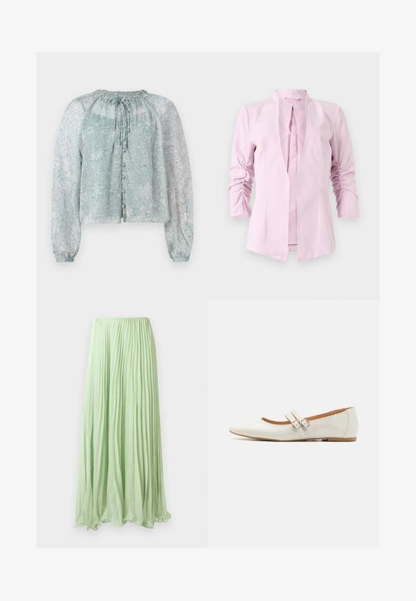 Blazer rose clair à manches longues, au design sans col, avec des détails froncés sur les manches. Tissu lisse avec une silhouette ajustée.; Blouse légère bleu clair en tissu transparent avec un motif floral, encolure froncée, manches bouffantes longues et fermeture à boutons sur le devant.; Jupe longue plissée vert clair avec un tissu fluide et une taille élastique, présentée sur un fond blanc.; Ballerines en cuir verni blanc avec un bout pointu, deux sangles décoratives avec des boucles en argent, et une semelle marron discrète.