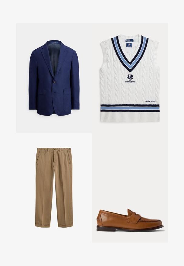 Marineblauer Herrenblazer mit einem Knopf, Revers mit Kerbung, Pattentaschen und einem glatten Innenfutter.; Weißer ärmelloser Pullover mit Zopfmuster, blauen und schwarzen Streifen, Wimbledon-Logo und Ralph Lauren Stickerei.; Herren beige Chinohose mit Seitentaschen, Knopfverschluss, Gürtelschlaufen und umgeschlagenen Säumen auf weißem Hintergrund.; Brauner Leder-Penny-Loafer mit niedrigem Absatz und gesteppten Details an Vorder- und Seitenpartien, seitlich auf weißem Hintergrund dargestellt.