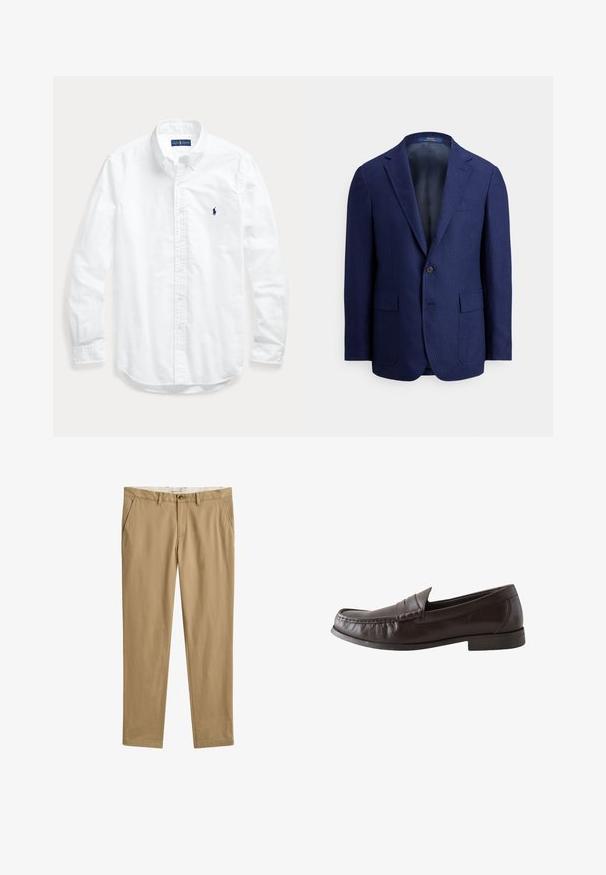 Marineblauwe herenblazer met één knoop, inkepingrevers, klepzakken en een gladde binnenvoering.; Wit overhemd met lange mouwen, knopen en kraag, met een klein donker logo op de linkerborst, plat gelegd op een lichte achtergrond.; Beige casual rechte broek met riemlussen, knoop- en ritssluiting aan de voorkant en steekzakken, vooraanzicht.; Donkerbruine leren penny loafer met gestikt moc toe ontwerp en platte zwarte zool, weergegeven van de zijkant op een witte achtergrond.