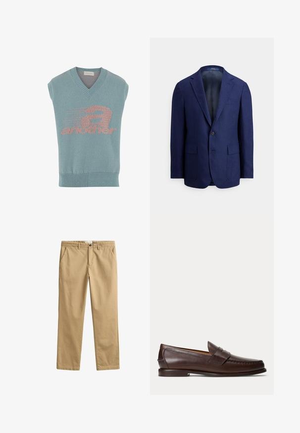 Veste blazer pour homme bleu marine à un bouton, avec des revers à cran, des poches à rabat et une doublure intérieure lisse.; Veste tricotée sans manches bleu clair avec col en V, ourlet côtelé et texte graphique rose "another" avec un "a" stylisé sur le devant.; Pantalon beige à jambes droites avec passants de ceinture, poches avant, fermeture à boutons et braguette zippée.; Mocassin penny en cuir marron foncé avec des détails de couture et un petit talon empilé, présenté de profil sur un fond uni.