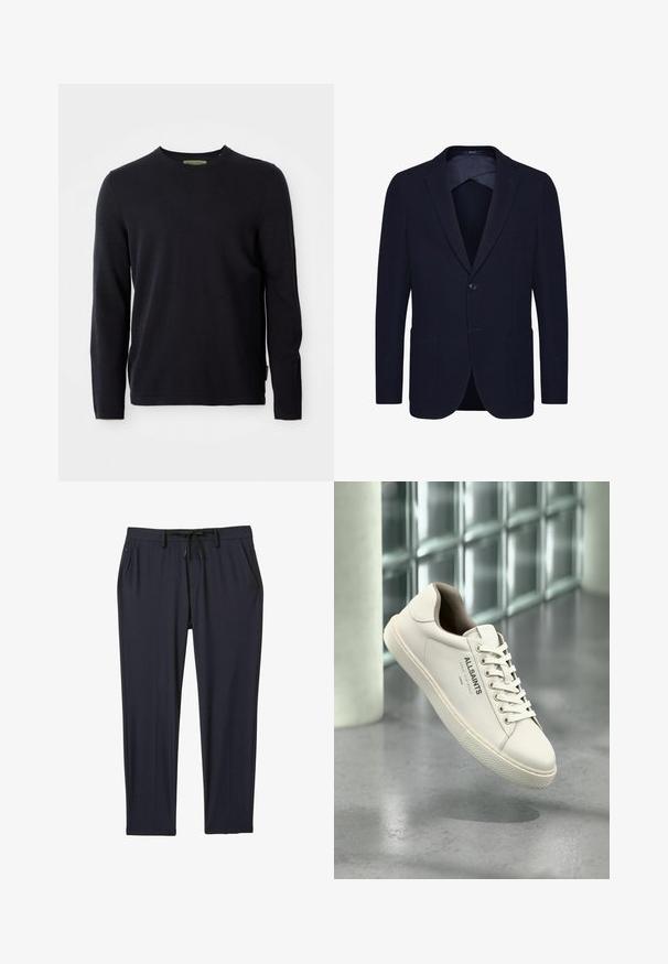 Blazer azul marino de hombre, de un solo botón, con solapas con muesca, dos bolsillos delanteros de parche y cierre de un botón, exhibido sobre fondo blanco.; Suéter negro de manga larga y cuello redondo, diseño liso, presentado sobre un fondo blanco, con una sutil etiqueta de la marca dentro del cuello.; Pantalones deportivos de color navy hechos de una tela elástica, con una cinturilla ajustable con cordón, dos bolsillos laterales y un corte de pierna recta.; Zapatilla blanca de AllSaints con cordones, logo y texto en japonés suspendida sobre un suelo de hormigón pulido con bloques de vidrio esmerilado en el fondo.