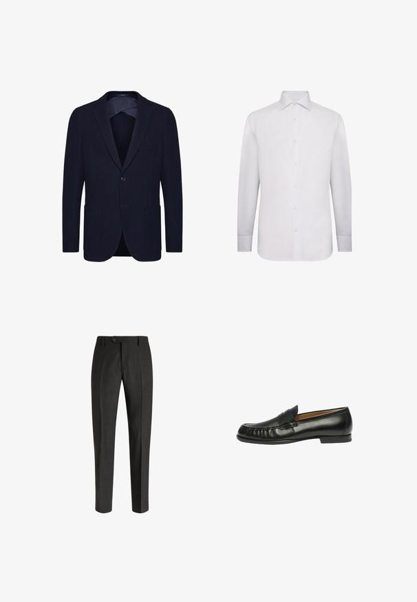 Blazer bleu marine pour homme, simple boutonnage, avec revers crantés, deux poches plaquées devant et fermeture à un bouton, présenté sur fond blanc.; Chemise blanche à manches longues en tissu lisse. Dotée d'un col classique, d'une fermeture à boutons sur toute la longueur et de poignets à boutons. Pas de motifs ni d'accents.; Boggi Milano Chino - charcoal; Scarosso FRED - Chaussons - black calf