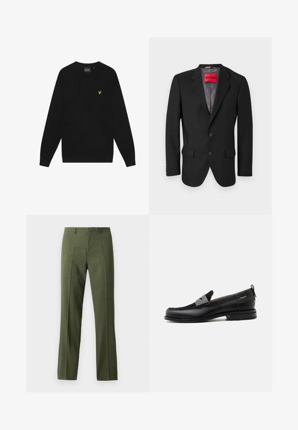 Zwarte op maat gemaakte blazer van gestructureerde stof. Heeft een geknipt revers, twee voorzakken en een enkelsluitingsknop.; Zwarte katoenen sweatshirt met lange mouwen en een ronde hals. Voorzien van een klein geel adelaarslogo op de borst. Zachte textuur.; Olijf groene op maat gemaakte broek met een soepele textuur, rechte snit en een voorplooi, ontworpen voor formele of semi-formele gelegenheden.; Zwarte leren loafer met grijs riemdetailelement, lage hak en gestructureerde zool, aan de zijkant gebrandmerkt met "HUGO" in goud.