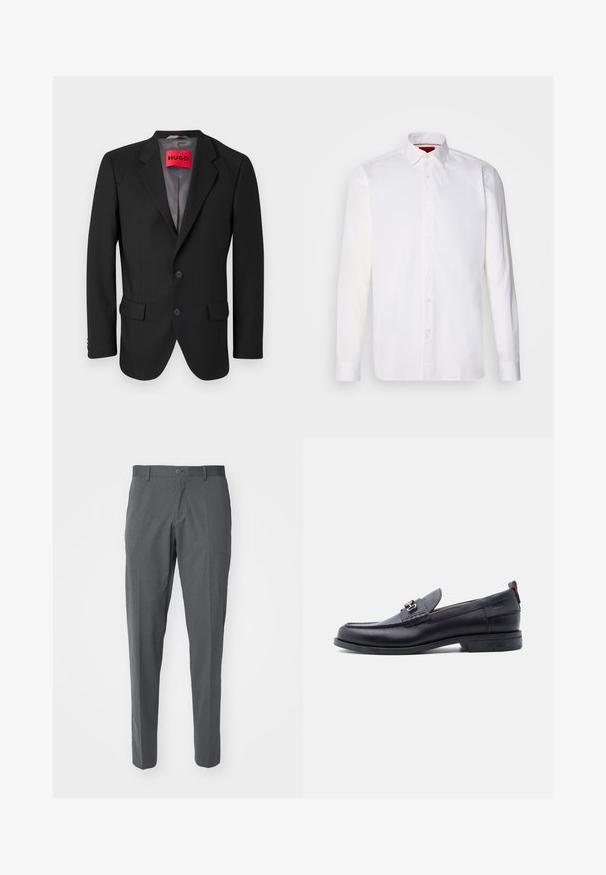 Blazer negro a medida hecho de tejido estructurado. Presenta solapas con muesca, dos bolsillos frontales y un cierre de botón de una sola fila.; Camisa blanca de manga larga hecha de algodón, con un collar clásico, placket frontal con botones y una textura suave. Detalle interior del collar en rojo.; Pantalones grises hechos de una tela suave, con cierre de botón, bolsillos delanteros y un diseño ajustado.; Mocasín de cuero negro con empeine gris texturizado, detalle de hebilla metálica plateada, tacón bajo y lengüeta para tirar en la parte trasera.