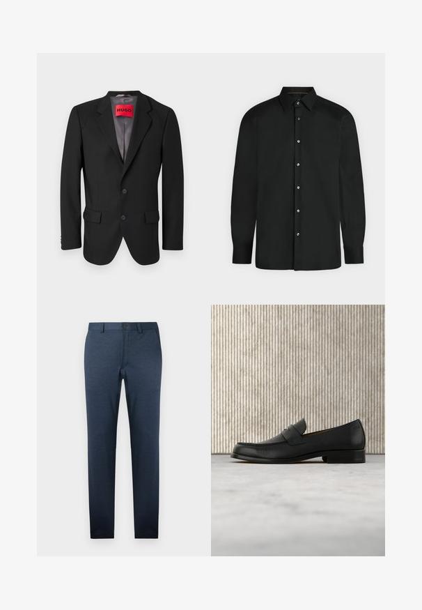 Blazer negro a medida hecho de tejido estructurado. Presenta solapas con muesca, dos bolsillos frontales y un cierre de botón de una sola fila.; Camisa negra de manga larga con botones, cuello puntiagudo y puños abotonados, mostrada sobre un fondo claro y liso.; Pantalones azul oscuro de tejido texturizado, con corte slim, frente plano y cierre de un botón en la cintura.; Zapato mocasín de cuero negro flotando sobre una alfombra beige con una mesa redonda marrón brillante al fondo.