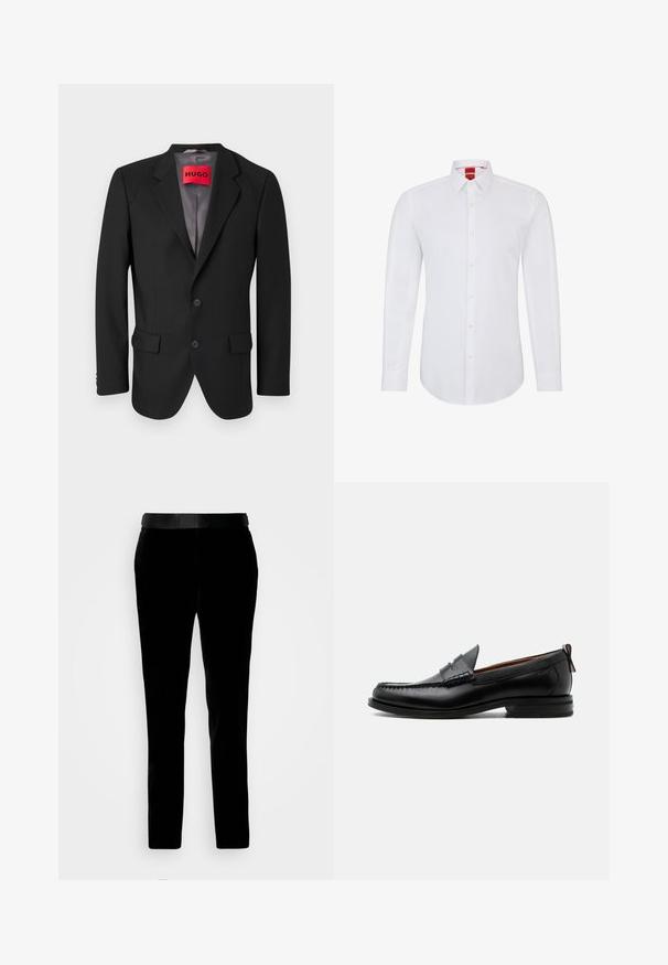 Schwarzer maßgeschneiderter Blazer aus strukturiertem Stoff. Mit Reverskragen, zwei Fronttaschen und einer einreißigen Knopfverschluss.; Weißes Langarmhemd mit Kragen, ausgestattet mit einer durchgehenden Knopfleiste und weichem, glattem Stoff. Keine Muster oder Akzente sichtbar.; Schwarze Samthosen mit tailliertem Schnitt, glatter Textur und passendem Bund. Verfügt über gerade Beine und Seitentaschen.; Schwarzer Leder-Herrenschuh mit Mokassinnaht, Penny-Riemen, strukturiertem Kragen und niedrigem gestapeltem Absatz auf weißem Hintergrund.