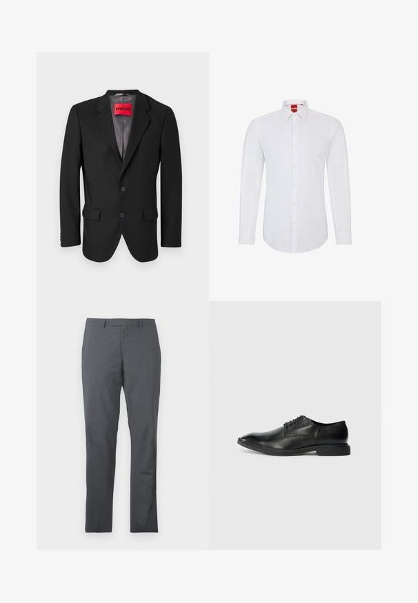 Schwarzer maßgeschneiderter Blazer aus strukturiertem Stoff. Mit Reverskragen, zwei Fronttaschen und einer einreißigen Knopfverschluss.; Weißes Langarmhemd mit Kragen, ausgestattet mit einer durchgehenden Knopfleiste und weichem, glattem Stoff. Keine Muster oder Akzente sichtbar.; Graue Anzughose aus glattem, strukturiertem Stoff. Slim-Fit-Design, flacher Vorderteil und keine sichtbaren Verzierungen oder Taschen.; Schwarze Lederdressschuhe mit glatter Textur, spitzer Zehenform, sechs Ösen-Schnürdesign und niedrigem rechteckigem Absatz. Dezentes Branding-Detail an der Seite.