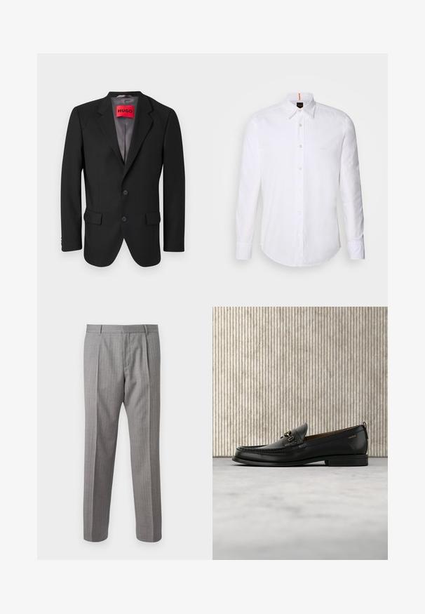 Blazer negro a medida hecho de tejido estructurado. Presenta solapas con muesca, dos bolsillos frontales y un cierre de botón de una sola fila.; Camisa blanca de manga larga y corte clásico, hecha de algodón, que presenta un cuello clásico, un logo sutil cerca del pecho y botones blancos.; Pantalones gris con rayas y un corte a medida, con pliegues delanteros, trabillas para cinturón y una textura suave. Diseño de pierna recta, con dobladillos limpios.; Mocasín de cuero negro con pieza metálica dorada y logotipo "HUGO", exhibido sobre una alfombra beige y muebles translúcidos marrones.
