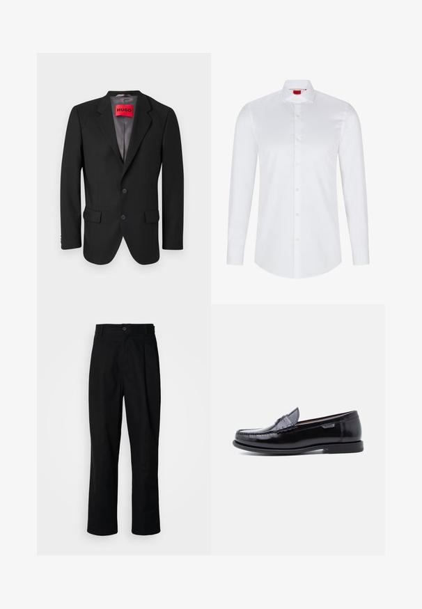 Blazer preto sob medida feito de tecido estruturado. apresenta lapelas com corte em bico, dois bolsos frontais e um fecho de botão de um só lado.; Camisa de botão branca de manga longa feita de algodão suave. Apresenta um colarinho clássico, lista de botões completa e bainha arredondada.; Calças pretas de perna reta com uma cintura abotoada, passantes para cinto e vinco frontal, expostas contra um fundo branco liso.; Mocassins de couro preto com acabamento brilhante, apresentando um design costurado na ponta e uma sola de borracha preta texturizada e baixa.