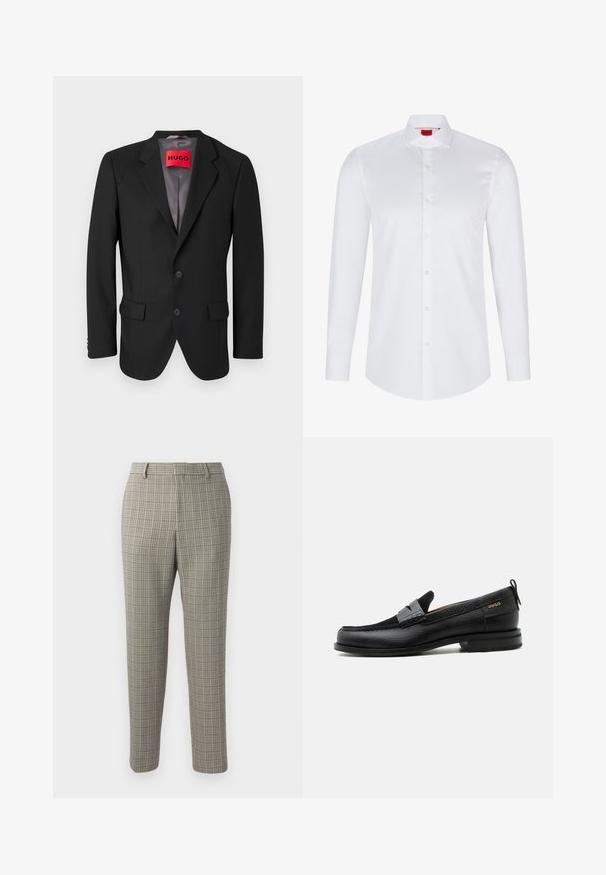 Schwarzer maßgeschneiderter Blazer aus strukturiertem Stoff. Mit Reverskragen, zwei Fronttaschen und einer einreißigen Knopfverschluss.; Weißes langärmliges Hemd mit Knopfleiste, hergestellt aus glattem Baumwollstoff. Verfügt über einen klassischen Kragen, eine durchgehende Knopfleiste und einen abgerundeten Saum.; Hose aus einem hellbeigen Stoff mit einem karierten Muster in Dunkelbraun und Marineblau, im geraden Schnitt und mit normalem Bund.; Schwarzer Lederloafer mit grauem Riemendetail, niedrigem Absatz und strukturierter Sohle, seitlich mit „HUGO“ in Gold gebrandmarkt.