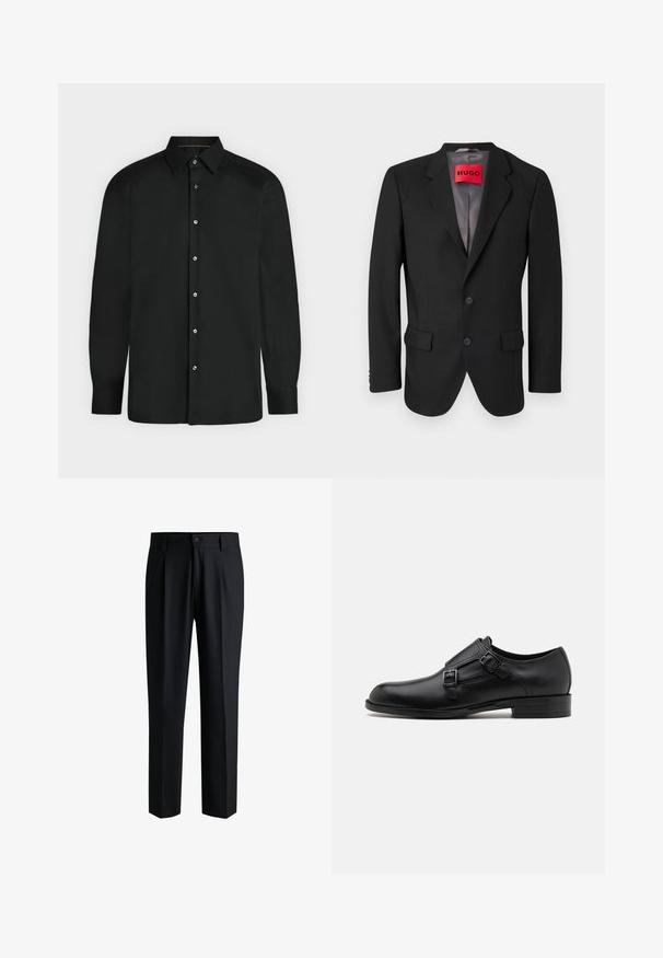 Sort skræddersyet blazer lavet af struktureret stof. Har skrå klapper, to forlommer og en enkeltknap lukning.; Sort skjorte med lange ærmer, knapper foran, spids krave og knapmanchetter, vist mod en ensformet lys baggrund.; Sorte bukser lavet af glat stof, med lige ben-design, plisseringer foran og knaplukning med bæltestropper.; Sort læderherresko med dobbelte spænder, slank silhuet og rund tå. Har en lav hæl og glat tekstur.