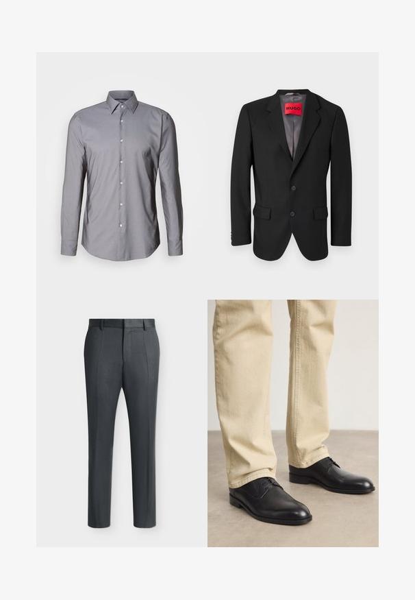 Blazer negro a medida hecho de tejido estructurado. Presenta solapas con muesca, dos bolsillos frontales y un cierre de botón de una sola fila.; Camisa gris de manga larga con botones, con un cuello estructurado, cierre frontal de botones y una textura suave. Presenta un ajuste ligeramente entallado.; Pantalones formales de color gris oscuro con trabillas para cinturón y líneas de pliegue, exhibidos sobre un fondo claro y liso.; Zapatos de cuero negro con cordones, puntera redondeada, acabado suave y sutiles detalles de costura, combinados con pantalones de color beige claro.