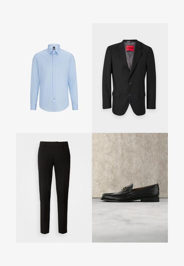 Zwarte op maat gemaakte blazer van gestructureerde stof. Heeft een geknipt revers, twee voorzakken en een enkelsluitingsknop.; Lichtblauwe, langslijpende overhemD met klassieke kraag, gemaakt van een soepele stof. Voorzien van witte knopen aan de voorkant en cuffs.; Zwarte broek met een rechte pijpontwerp, voorzien van een knoopsluiting, riemlussen en een gladde stoftextuur. Geen zichtbare patronen of accenten.; Zwarte leren loafer met gouden metalen gesp en "HUGO" branding, weergegeven tegen een beige tapijt en bruin doorschijnend meubilair.