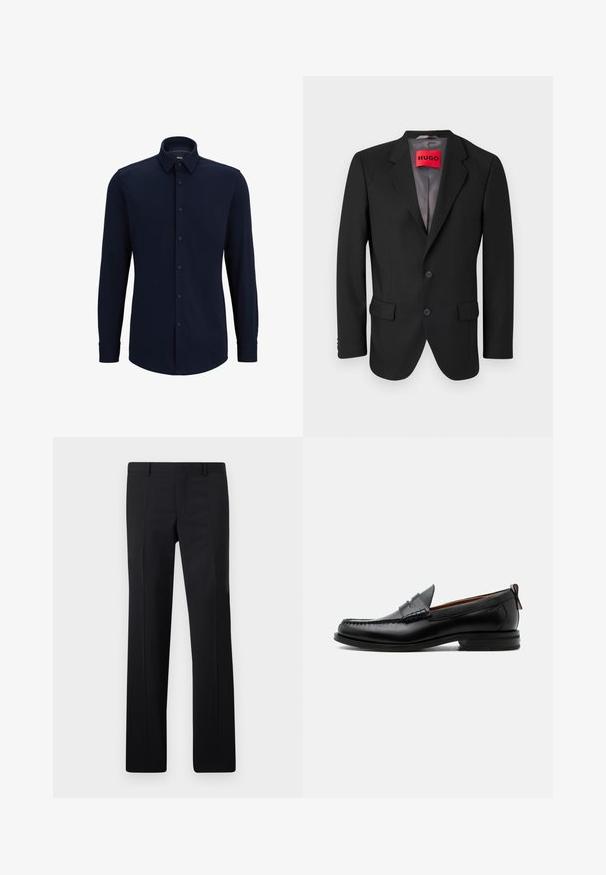 Zwarte op maat gemaakte blazer van gestructureerde stof. Heeft een geknipt revers, twee voorzakken en een enkelsluitingsknop.; Marineblauwe langemouwen overhemd met knopen, gemaakt van geweven stof, met een klassieke kraag, rechte snit en een voorste knoopsluiting.; Zwarte op maat gemaakte pantalon met een recht model, scherpe plooien en een gladde afwerking. Gemaakt van lichtgewicht stof met een strakke tailleband.; Zwarte leren herensloffen met moc toe stiksel, pennyriem, gestructureerde kraag en lage gestapelde hak op witte achtergrond.