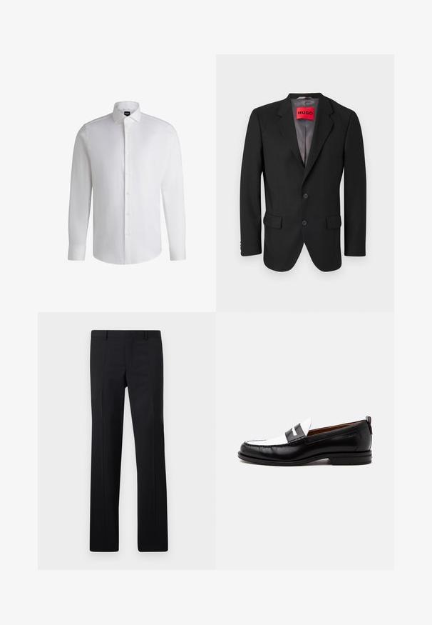 Blazer negro a medida hecho de tejido estructurado. Presenta solapas con muesca, dos bolsillos frontales y un cierre de botón de una sola fila.; Camisa blanca de manga larga hecha de algodón suave, con un cuello clásico, botonera completa y puños abotonados. Diseño minimalista.; Pantalones negros ajustados con un diseño de pierna recta, pliegues marcados y un acabado suave. Fabricados en tejido ligero con una cintura limpia.; Mocasín de cuero blanco y negro con detalles cosidos, tacón bajo y diseño tipo slip-on, mostrado de lado sobre un fondo liso.