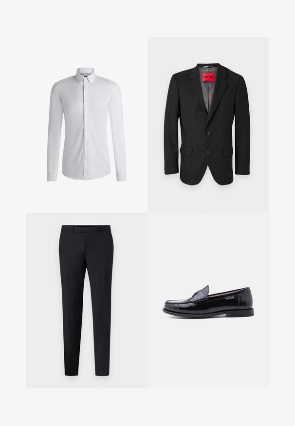 Blazer negro a medida hecho de tejido estructurado. Presenta solapas con muesca, dos bolsillos frontales y un cierre de botón de una sola fila.; Camisa blanca de manga larga hecha de tejido suave, con un cuello abotonado y una fila de botones en la parte delantera. Diseño simple.; Pantalones negros sastre de corte slim, con una parte delantera plana, lazos para cinturón y sin patrones o acentos visibles. Textura suave.; Mocasines de cuero negro con acabado brillante, que presentan un diseño cosido en la puntera y una suela baja de goma negra texturizada.
