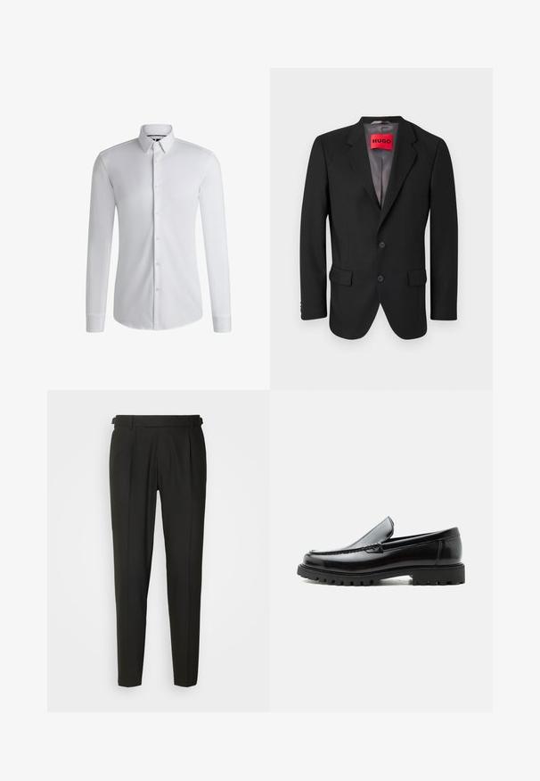 Blazer noir sur mesure en tissu structuré. Présente des revers à cran, deux poches avant et une fermeture à bouton simple.; Chemise blanche à manches longues en tissu lisse, dotée d'un col boutonné et d'une rangée de boutons sur le devant. Design uni.; Pantalons noirs sur mesure avec un devant plat, deux plis, passants de ceinture et une coupe droite. Fabriqués en tissu lisse et léger.; Mocassin en cuir noir avec semelle en caoutchouc épaisse, dessus cousu et nom de marque embossé sur le talon, présenté de profil sur fond blanc.