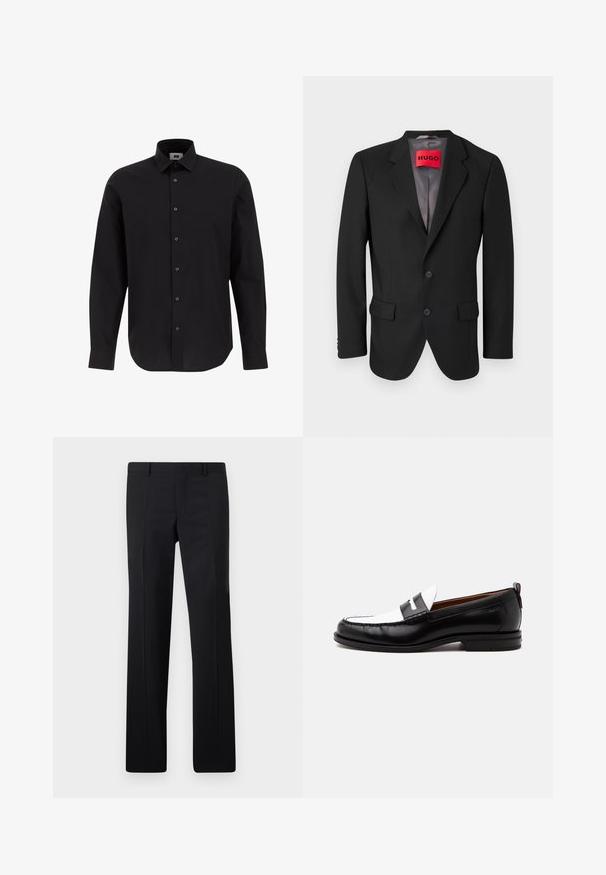 Blazer negro a medida hecho de tejido estructurado. Presenta solapas con muesca, dos bolsillos frontales y un cierre de botón de una sola fila.; Camisa negra de manga larga y botonadura frontal, hecha de tejido entrelazado, con cuello clásico, dobladillo recto y botones negros en el frente.; Pantalones negros ajustados con un diseño de pierna recta, pliegues marcados y un acabado suave. Fabricados en tejido ligero con una cintura limpia.; Mocasín de cuero blanco y negro con detalles cosidos, tacón bajo y diseño tipo slip-on, mostrado de lado sobre un fondo liso.
