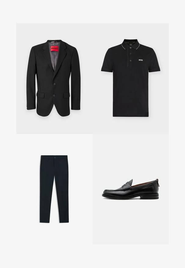 Zwarte op maat gemaakte blazer van gestructureerde stof. Heeft een geknipt revers, twee voorzakken en een enkelsluitingsknop.; Zwart polohemd met korte mouwen, witte bies op de kraag, drieknopsbies en wit "BOSS"-logo links op de borst.; Marineblauwe, op maat gemaakte broeken van een gladde stof; voorzien van steekzakken, riemlussen en een knoopsluiting. Rechtaf lopend ontwerp.; Zwarte leren herensloffen met moc toe stiksel, pennyriem, gestructureerde kraag en lage gestapelde hak op witte achtergrond.