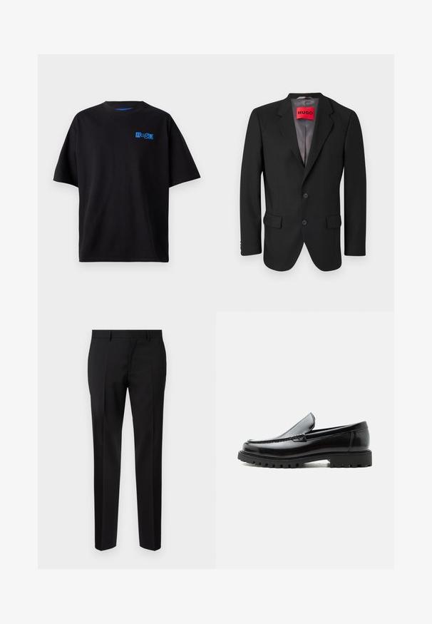 Zwarte op maat gemaakte blazer van gestructureerde stof. Heeft een geknipt revers, twee voorzakken en een enkelsluitingsknop.; Zwarte katoenen t-shirt met een relaxte pasvorm, voorzien van een blauw "Hug" logo op de borst, ronde halslijn en korte mouwen. Eenvoudig ontwerp.; Zwarte op maat gemaakte broeken van een gladde stof, met een rechte pijp, verfijnde plooidetails en een klassieke tailleband met riemlussen.; Zwarte leren loafer met dikke rubberen zool, gestikte bovenkant en gegraveerde merknaam op de hiel, zijaanzicht op witte achtergrond.