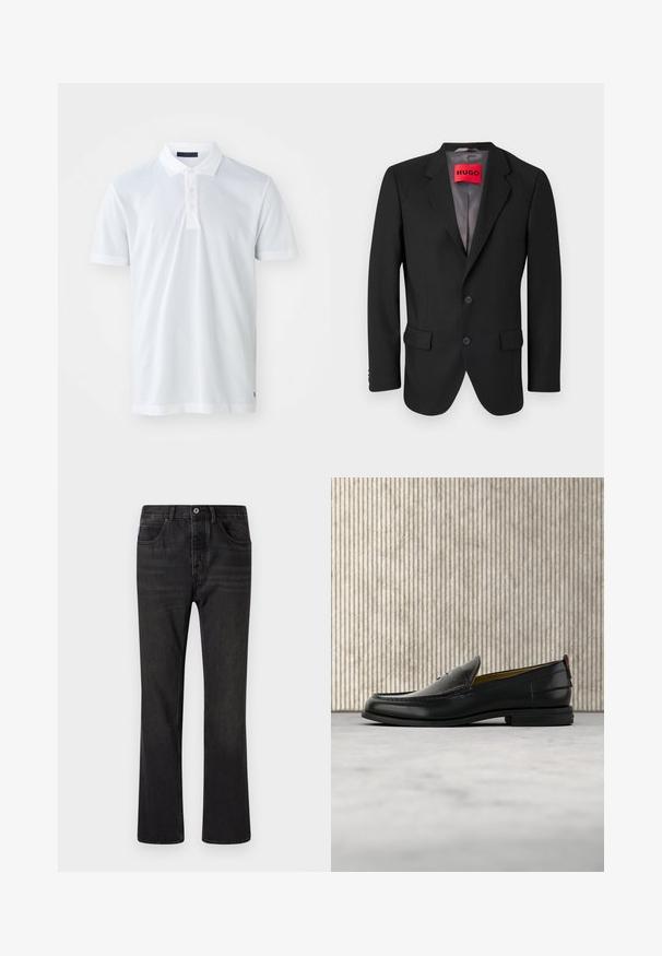 Blazer negro a medida hecho de tejido estructurado. Presenta solapas con muesca, dos bolsillos frontales y un cierre de botón de una sola fila.; Camisa polo blanca con una textura suave, tapeta de tres botones, cuello plano y mangas cortas. Presenta costuras sutiles en el dobladillo.; Vaqueros de denim negro con un diseño de pierna recta, cinco bolsillos y cierre frontal de botón. Superficie texturizada con detalles de desvanecimiento sutil.; Mocasín de cuero negro para hombre con empeine grabado en relieve de cocodrilo y tacón bajo, mostrado de perfil sobre un fondo neutro.
