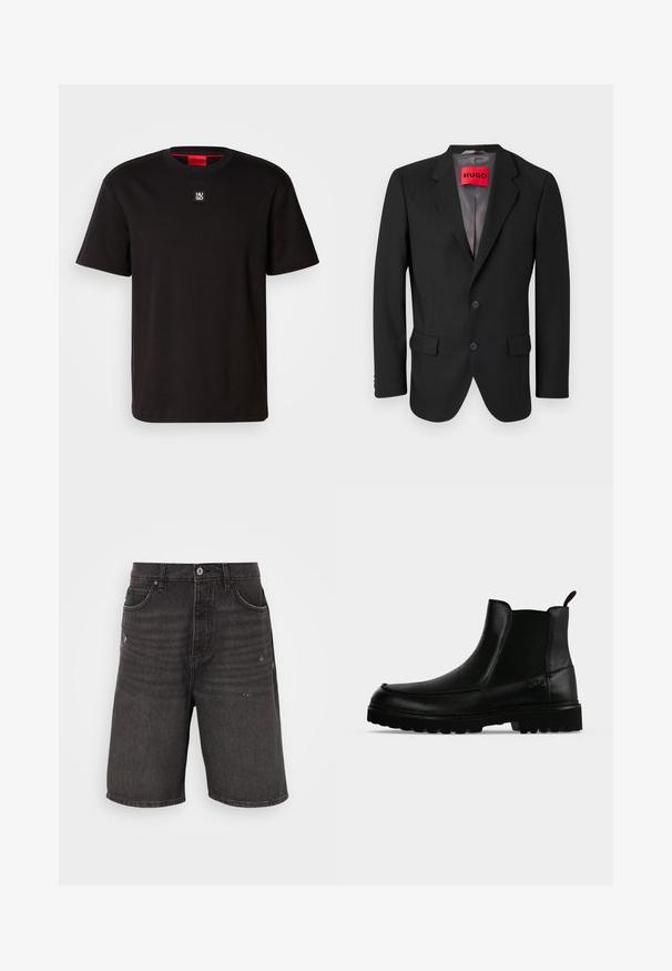 Blazer noir sur mesure en tissu structuré. Présente des revers à cran, deux poches avant et une fermeture à bouton simple.; HUGO DALILE - T-shirt basique - black; Shorts en denim noir avec une coupe décontractée, dotés de poches avant, d'une texture vieilli et d'une taille classique avec une fermeture à bouton unique.; Bottine noire en cuir avec semelle texturée, panneaux latéraux élastiques et languette de tirage sur fond gris clair.
