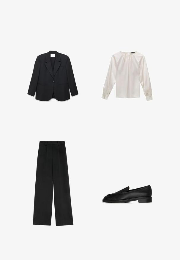 Blazer noir à un bouton avec revers crantés, deux poches fendues à l'avant et manches longues, présenté sur fond blanc.; Blouse en satin blanc à manches longues, encolure ronde et détail froncé. Présente des manches légèrement bouffantes et une texture lisse.; Pantalons larges noirs à taille haute, avec deux plis à l'avant, des passants de ceinture et une texture lisse. Sans poches ni matériel visible.; Mocassins en cuir noir avec une semelle plate, présentant un design cousu et un subtil détail supérieur. Texture lisse et silhouette élégante.