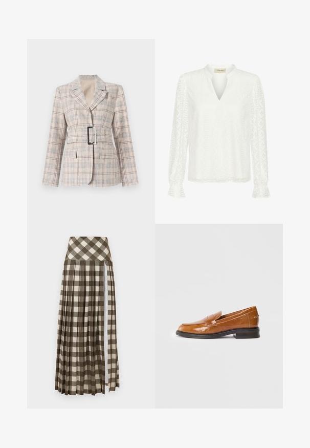 Beige geruite blazer met een nauwsluitende taille, grote zwarte ceintuurgesp, ingesneden revers en twee voorkruiszakken. Textuurstof met blauwe accenten.; Witte blouse met lange mouwen, V-hals, complexe diamantpatroon textuur en gerimpelde manchetten. Gemaakt van lichtgewicht stof.; Lange, geplooide rok met een bruin en beige geruit patroon. Hoge taille ontwerp met een zijsplits en een zachte stofstructuur.; Bruine leren instapper met een gladde, glanzende afwerking, ronde neus en een lage zwarte rubberen hak. Heeft gestikte details over de bovenkant.