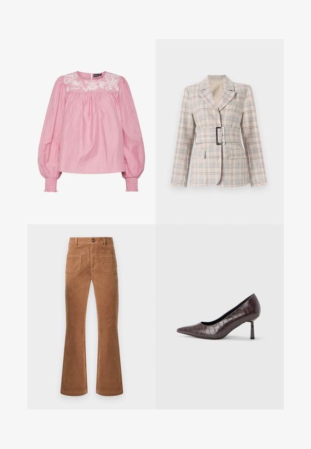 Blazer à carreaux beige avec une taille cintrée, grande boucle de ceinture noire, revers cranté et deux poches avant. Tissu texturé avec des accents bleus.; Blouse rose à rayures avec un col rond, des poignets élastiques et un motif floral brodé sur le devant. Fabriquée en tissu léger.; Pantalons en velours côtelé marron évasés avec une taille, un bouton sur le devant et deux poches à l'arrière. Texture lisse et coupe classique.; Escarpins à bout pointu en similicuir marron avec une texture crocodile, dotés d’un talon fin et angulaire ainsi que d’une doublure intérieure lisse.