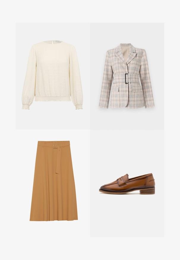 Blazer à carreaux beige avec une taille cintrée, grande boucle de ceinture noire, revers cranté et deux poches avant. Tissu texturé avec des accents bleus.; Blouse longue à manches longues couleur crème avec encolure ronde, poignets et ourlet froncés élastiqués, tissu subtilement texturé, et fermeture par boutons au dos.; Anna Field by Zalando Jupe trapèze - rust brown; Mocassins en cuir marron avec un panneau avant tissé texturé, bout rond et petit talon empilé. Finition lisse avec des détails de couture subtils.