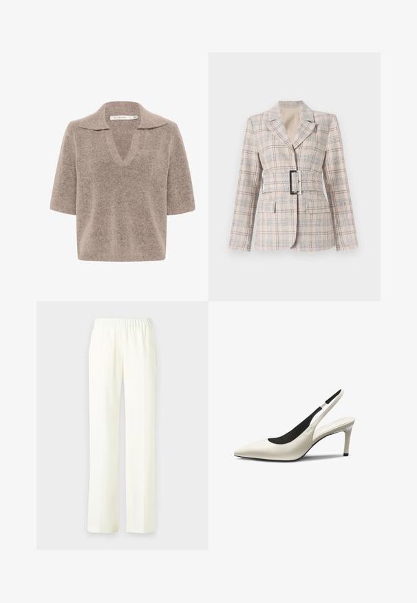 Beige Karo-Blazer mit taillierter Passform, großer schwarzer Gürtelschnalle, Reverskragen und zwei vorderen Taschen. Strukturiertes Material mit blauen Akzenten.; Beiger, kurzärmeliger Pullover mit V-Ausschnitt, aus weichem Strickmaterial, mit Kragen und lässiger Passform.; Helle, weite Hosen aus einem elastischen Material für zusätzlichen Komfort. Glattes Gewebe mit einem fließenden Design; kein sichtbares Muster oder Akzente.; Weißer spitzer Slingback-Pumps aus Leder mit einem schlanken Stiletto-Absatz und schwarzer Innenausstattung.