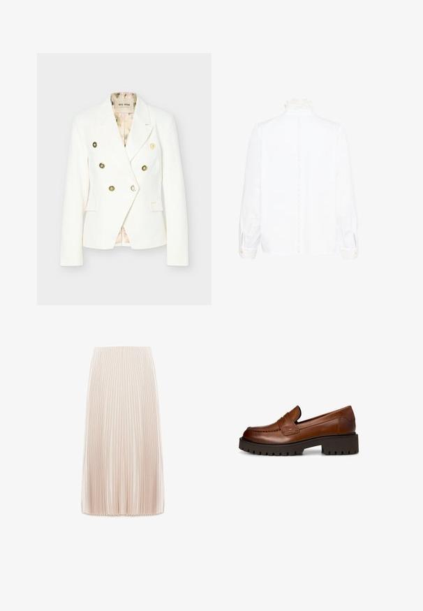 Hvid dobbeltradet blazer med gyldne knapper, notched revers, to forlommer med klap og en indvendig foer med blomsterprint.; Hvid bluse med lange ærmer og spidse blondekrave samt manchetter, som har en vertikal blondebeskæring ned over midten af ryggen.; Plisseret midi nederdel i en lys beige farve, fremstillet af et glat stof, med smalle lodrette plisser og en elastisk talje.; Brun læderloafer med chunky sort rilled sål og lav blokhæl, vist fra siden på hvid baggrund.