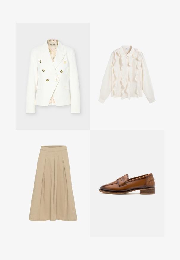 Blazer blanco de doble botonadura con botones dorados, solapas con muesca, dos bolsillos delanteros con solapa y forro interior con estampado floral.; Blusa blanca de manga larga con botones en la parte delantera, cuello puntiagudo y detalles de volantes verticales a lo largo de la tapeta y los hombros.; Falda plisada beige con una textura suave, diseño hasta las rodillas y una cinturilla ajustada. Fabricada en un tejido ligero con detalles de costura sutiles.; Mocasines de cuero marrón con un panel frontal tejido texturizado, punta redonda y tacón bajo apilado. Acabado suave con un detalle de costura sutil.