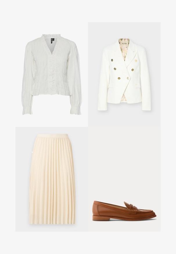 Blazer blanc croisé à boutons dorés, revers crantés, deux poches avant à rabat et doublure intérieure à motif floral.; Blouse blanche en tissu froissé, avec un col en V, un devant volanté et des manches longues avec des poignets élastiques. Design texturé et léger.; Jupe midi plissée de couleur crème avec une ceinture ajustée, suspendue droite sur un fond uni.; Mocassin en cuir marron avec petit talon en bois, bride classique pour pièce et détails cousus le long de la pointe et des côtés.