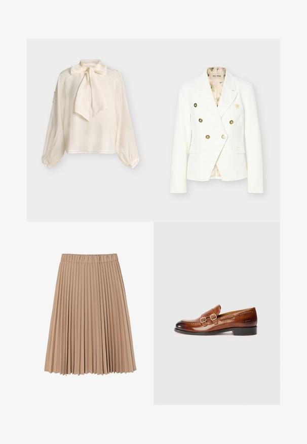 Blazer blanc croisé à boutons dorés, revers crantés, deux poches avant à rabat et doublure intérieure à motif floral.; Blouse crème à manches longues avec un large nœud à nouer au col et des poignets à boutons, présentée sur un fond clair uni.; Jupe plissée en tissu beige doux ; elle dispose d'une taille élastique et d'un design fluide avec des plis étroits et réguliers partout.; Mocassins en cuir marron avec double boucle, bout arrondi, détails de couture et petit talon ; finition polie avec un marquage embossé sur le côté.