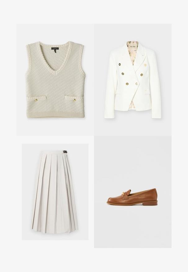 Hvid dobbeltradet blazer med gyldne knapper, notched revers, to forlommer med klap og en indvendig foer med blomsterprint.; Strikket ærmeløs vest i creme med V-hals, der har diagonal tekstur, to forlommer med guldknapper og strikkede kantdetaljer.; Lang hvid plisseret nederdel med sidelukning med spænde, vist fladt mod en hvid baggrund.; Brun læderloafer med rundet tå, dekorativ strop og lille hæl. Glat tekstur, subtile syningsdetaljer og guldfarvede metalbeslag.