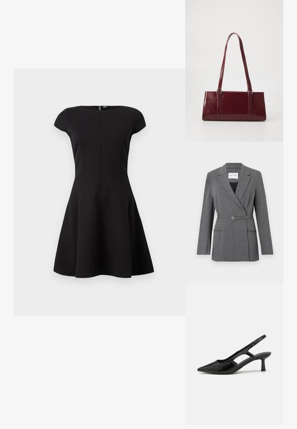 Grau geringelter Blazer mit taillierter Passform, Reverskragen, Ein-Knopf-Verschluss und einem Gürtel in der Taille. Verfügt über zwei Vordertaschen.; Schwarzes Kleid mit kurzen Ärmeln und tailliertem Oberteil sowie ausgestellt Rock. Glattes Material, knielanges Design und ein verdeckter Reißverschluss im Rücken.; Schwarze Slingback-Absätze mit spitzer Zehenpartie, aus glänzendem Material gefertigt, mit ausgeschnittenen Akzenten und einem moderaten Absatz für Unterstützung.; Burgunderfarbene Handtasche aus glänzendem Material, rechteckige Form, mit zwei Schulterriemen und subtilen, geschwungenen Akzenten an der Vorderseite.