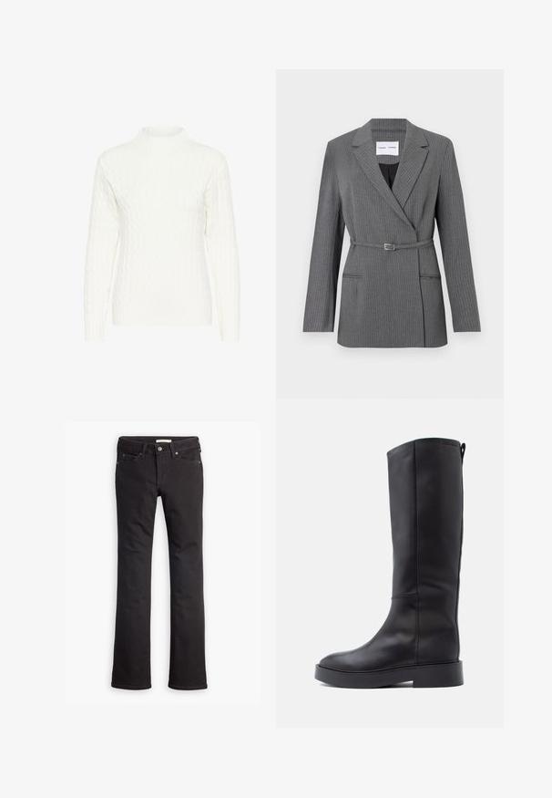 Grå stribet blazer med en skræddersyet pasform, notch-lapel, enkeltknaplukning og bælte om livet. Har to frontlommer.; Hvid kabelstrikket sweater med høj hals, lange ærmer og struktureret mønster. Stoffet ser blødt og let strækbart ud.; Sorte jeans lavet af denim, med lige ben-design, standard talje, fem lommer og diskrete syninger.; Knæhøje sorte læderstøvler med slankt design, flad sål, minimal syning og en diskret lynlås i siden.
