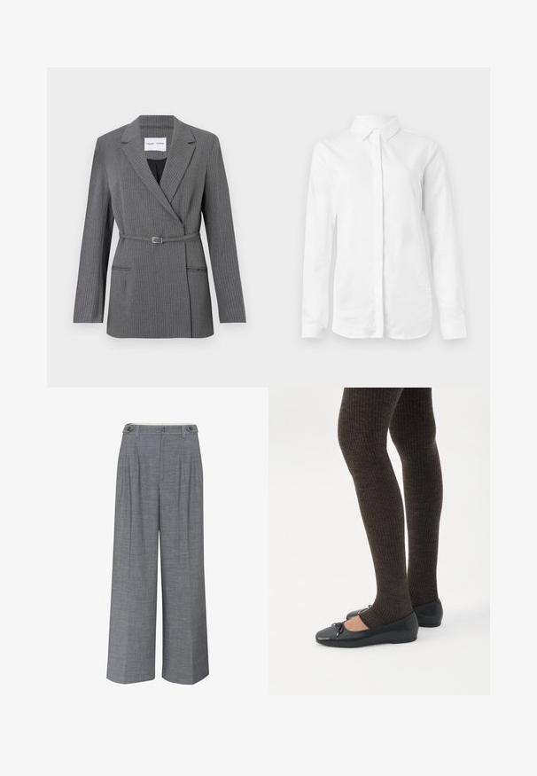 Blazer gris a rayas con un corte entallado, solapas con muesca, cierre de un botón y cintura con cinturón. Cuenta con dos bolsillos frontales.; Camisa blanca de manga larga hecha de algodón suave. Presenta un cuello clásico y un cierre de botones en la parte delantera, con un dobladillo recto y sin patrones.; Pantalones de pierna ancha gris, confeccionados en un tejido texturizado, con un cierre de doble botón y pliegues frontales que añaden un detalle de diseño adicional.; Piernas con leggings oscuros acanalados combinados con bailarinas negras que presentan pequeños detalles de lazo sobre un fondo blanco.