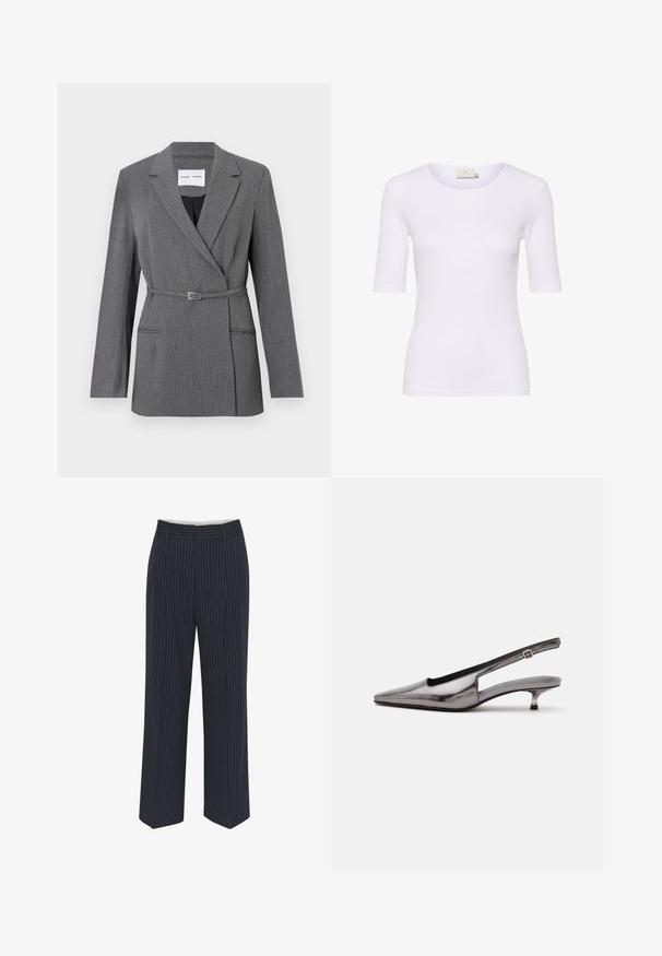 Blazer gris a rayas con un corte entallado, solapas con muesca, cierre de un botón y cintura con cinturón. Cuenta con dos bolsillos frontales.; Camiseta blanca ajustada hecha de tela lisa, con cuello redondo y mangas cortas, sin patrones ni detalles visibles.; Pantalones azul marino con rayas verticales blancas, diseño de pierna ancha, tejido suave, presillas para cinturón y una línea planchada en la parte delantera para un aspecto ajustado.; Zapato slingback gris metálico con punta puntiaguda, tacón bajo tipo kitten y correa ajustable sobre fondo blanco.