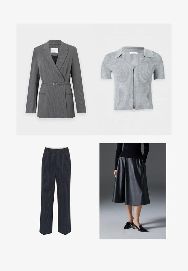 Blazer gris à rayures avec une coupe ajustée, revers crantés, fermeture à un bouton et taille ceinturée. Comprend deux poches avant.; Cardigan gris clair côtelé à manches courtes avec col et fermeture éclair argentée sur fond blanc.; Pantalons bleu marine avec des rayures verticales blanches, design à jambes larges, tissu lisse, passants de ceinture et pli sur le devant pour un look ajusté.; Jupe midi en cuir noir au toucher lisse ; elle dispose d'une taille et de poches latérales. Associée à des chaussures à talons noirs brillantes.