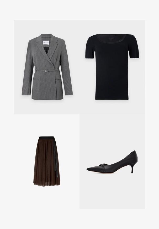 Grå stribet blazer med en skræddersyet pasform, notch-lapel, enkeltknaplukning og bælte om livet. Har to frontlommer.; Sort T-shirt med korte ærmer lavet af blødt bomuld. Har en bred halsudskæring og en tætsiddende design med en glat overflade og ingen synlige mønstre.; Brun midi-længde tylskørt med sort elastisk talje og lang sort bånddetalje hængende på den ene side.; Sort læder kitten heel med spids tå og en lille spænde-rem over fronten, vist mod en ensfarvet hvid baggrund.