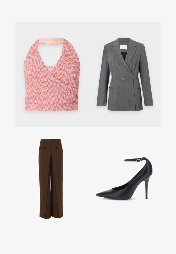 Blazer gris a rayas con un corte entallado, solapas con muesca, cierre de un botón y cintura con cinturón. Cuenta con dos bolsillos frontales.; Top halter rosa claro elaborado con un tejido de punto texturizado con un diseño de envoltura, que presenta una suave banda beige en la parte posterior para un ajuste seguro.; Pantalones anchos marrones con una textura suave, detalles de corte únicos en la cinturilla y un acento de cremallera en un lado.; Zapato de tacón alto de cuero negro con punta afilada y correa en el tobillo, con una textura suave y un diseño de tacón stiletto fino.