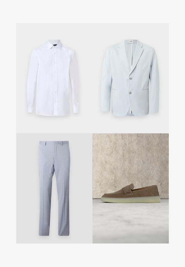 Blazer bleu clair en tissu lisse, avec un revers cranté, deux boutons, des poches latérales et une fente au dos.; Chemise blanche à manches longues pour homme avec boutonnières devant et col pointu, présentée sur un fond uni.; Pantalon formel bleu clair avec plis avant, passants de ceinture et coupe droite, présenté sur un fond uni.; Mocassin beige en daim sans lacets avec semelle en caoutchouc blanche et logo BOSS sur la sangle latérale, présenté sur un fond neutre uni.