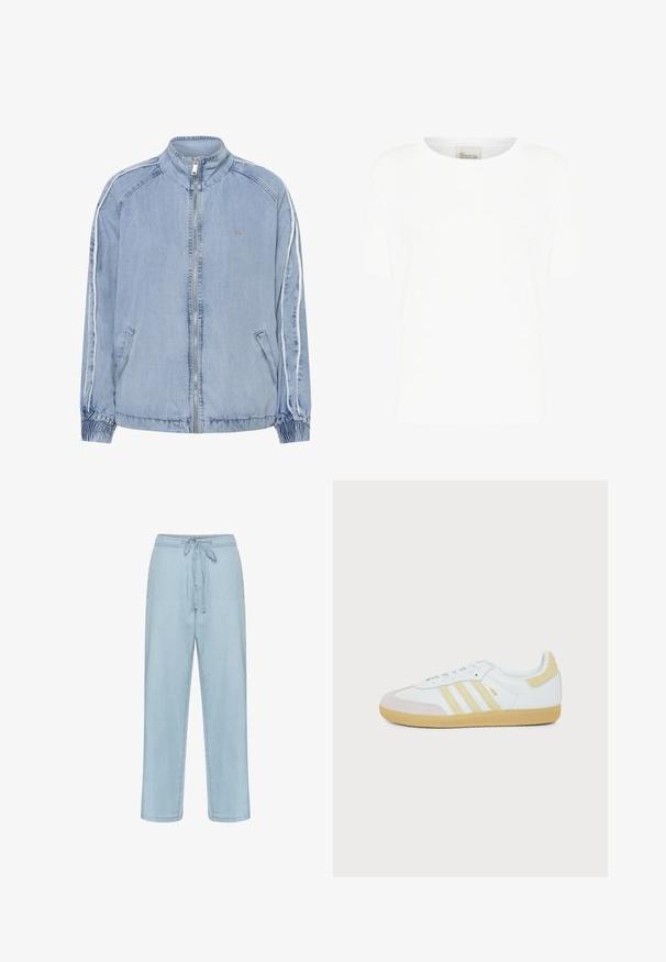 Lyseblå denimjakke med frontlynlås, høj krave, sidelommer, elastiske manchetter og hvide stribedetaljer på ærmerne.; Hvid kortærmet t-shirt lavet af blødt bomuld, med rund halsudskæring og en afslappet pasform, uden synlige mønstre eller accenter.; Lyseblå denimbukser med snøre i taljen, lige ben-design og minimale syninger. Stoffet ser blødt og glat ud.; Hvid Adidas Samba sneaker med beige ruskinddetaljer, tre teksturerede striber og gummsål set fra siden på en hvid baggrund.