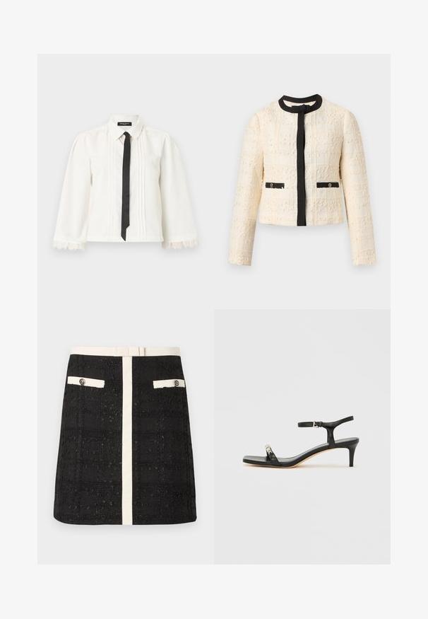 Veste ivoire texturée à manches longues avec bordure noire sur le col, la patte de boutonnage avant et les rabats de poche, comportant deux boutons sur les poches avant.; Blouse blanche à manches longues avec des plis, des poignets en dentelle, une cravate noire fine et un col pointu sur un fond uni.; Mini-jupe noire texturée avec rayure verticale blanche et poches boutonnées assorties à bord blanc à l'avant, ainsi qu'une ceinture blanche.; Sandale noire en cuir à talon avec bride à la cheville, bout ouvert, devant carré et accent en métal argenté. Design ajusté avec un profil élégant.